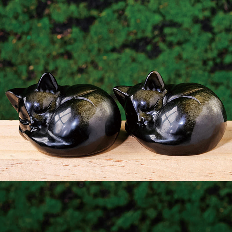 LAOTLON Natural Gold Sheen Obsidian Sleeping Cat Statue Home Decoration