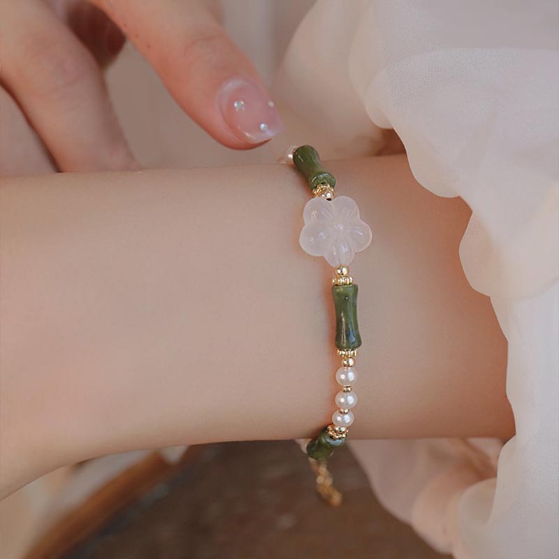 LAOTLON Peridot Bamboo Flower Agate Pearl Peace Bracelet