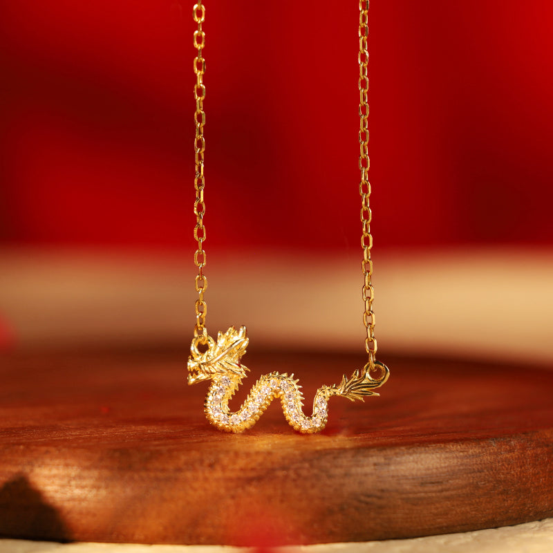 LAOTLON 925 Sterling Silver Year Of The Dragon Auspicious Golden Dragon Luck Chain Necklace Pendant