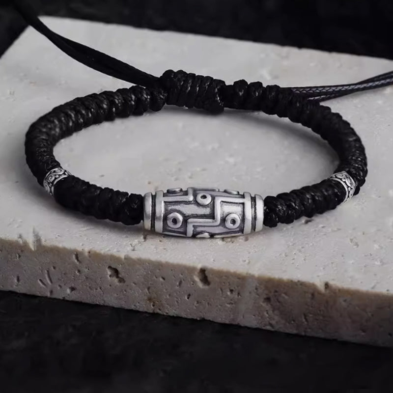 LAOTLON 999 Sterling Silver Nine-Eye Dzi Bead Pattern Blessing Rope Bracelet