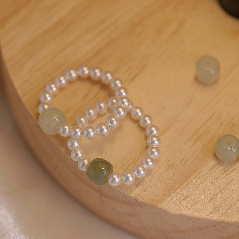 LAOTLON Round Jade Pearl Beads Luck Ring
