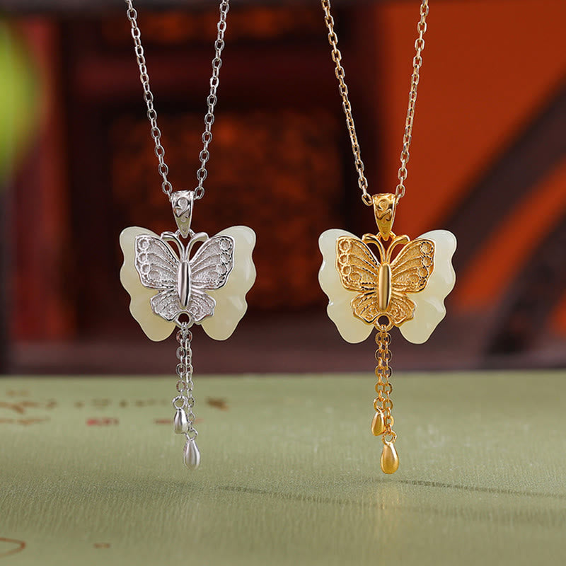 LAOTLON 925 Sterling Silver Plated Gold Hetian White Jade Butterfly Blessing Necklace Pendant
