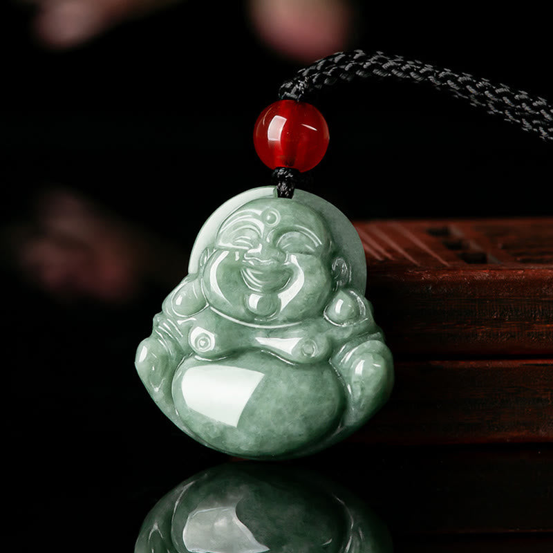 LAOTLON Natural Green Jade Laughing LAO Luck Abundance Necklace Pendant