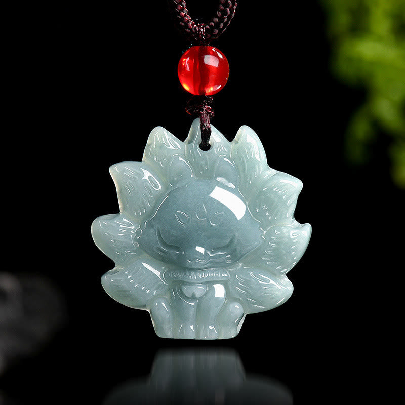 LAOTLON Natural Green Jade Nine Tailed Fox Abundance Necklace Pendant