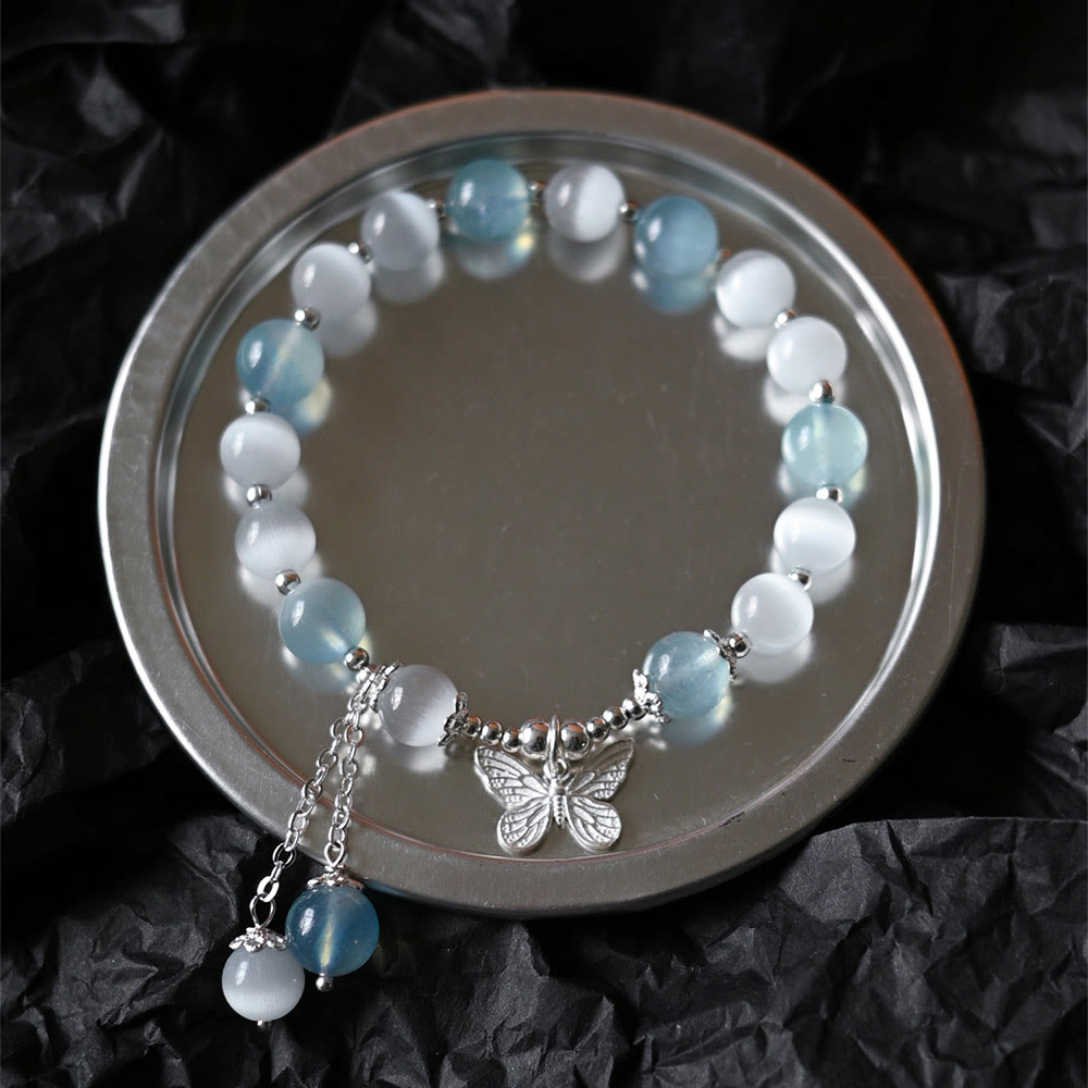 LAOTLON Cat’s Eye Aquamarine Butterfly Charm Support Bracelet