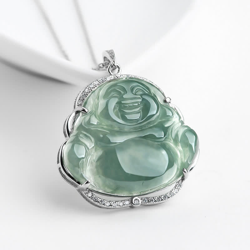 LAOTLON 925 Sterling Silver Laughing LAO Natural Jade Luck Necklace Chain Pendant