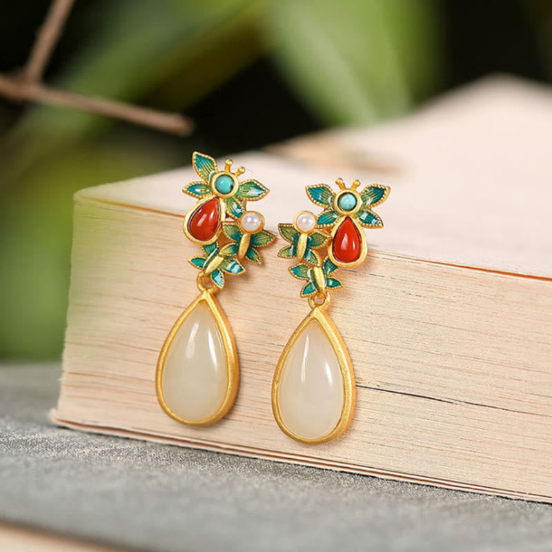 LAOTLON Water Drop White Jade Red Agate Butterfly Protection Drop Dangle Earrings