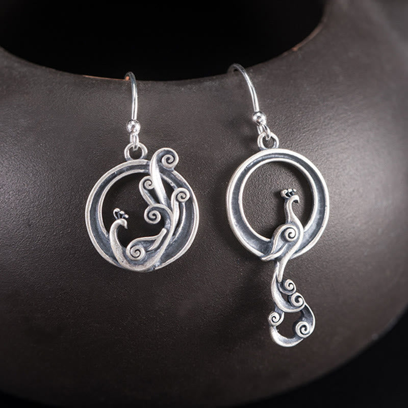 LAOTLON 925 Sterling Silver Round Asymmetry Peacock Fortune Earrings