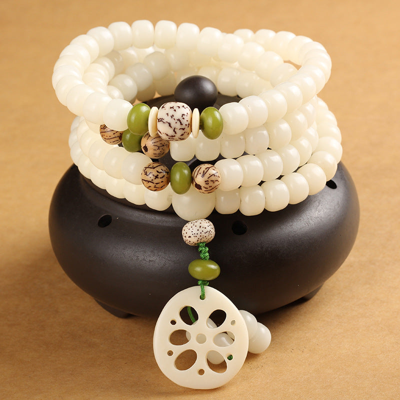 LAOTLON White Bodhi Seed Mala 108 Beads Luck Bracelet