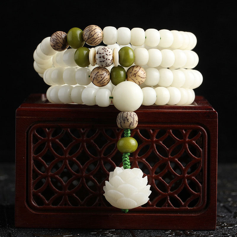 LAOTLON White Jade Bodhi Lotus Mala Harmony Necklace Bracelet
