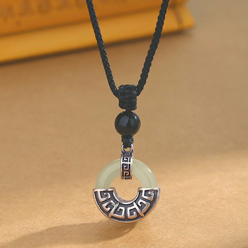 LAOTLON 925 Sterling Silver Natural Hetian Jade Peace Buckle Prosperity Necklace Pendant