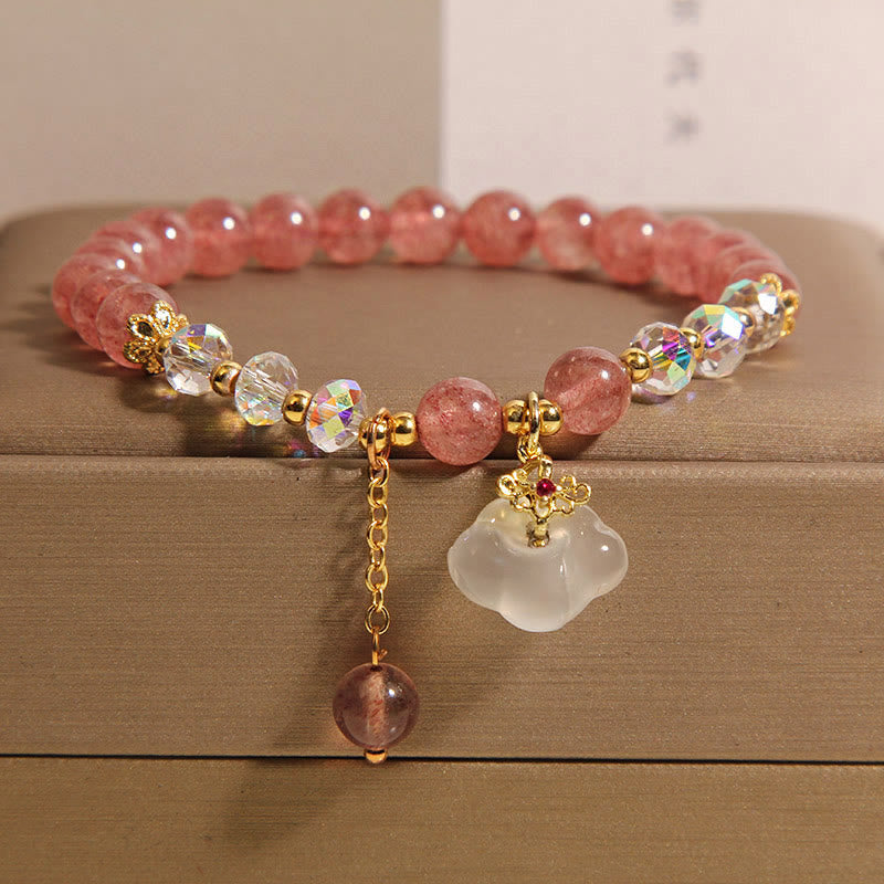 LAOTLON Auspicious Clouds Strawberry Quartz White Agate White Crystal Positive Bracelet
