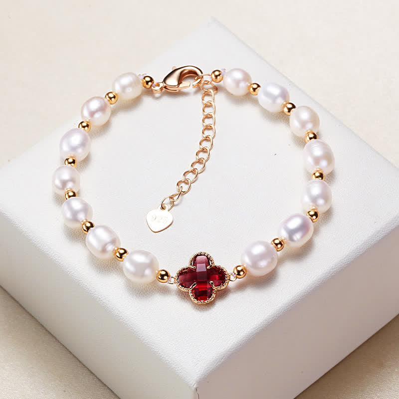 LAOTLON Pearl Four Leaf Clover Wealth Chain Bracelet