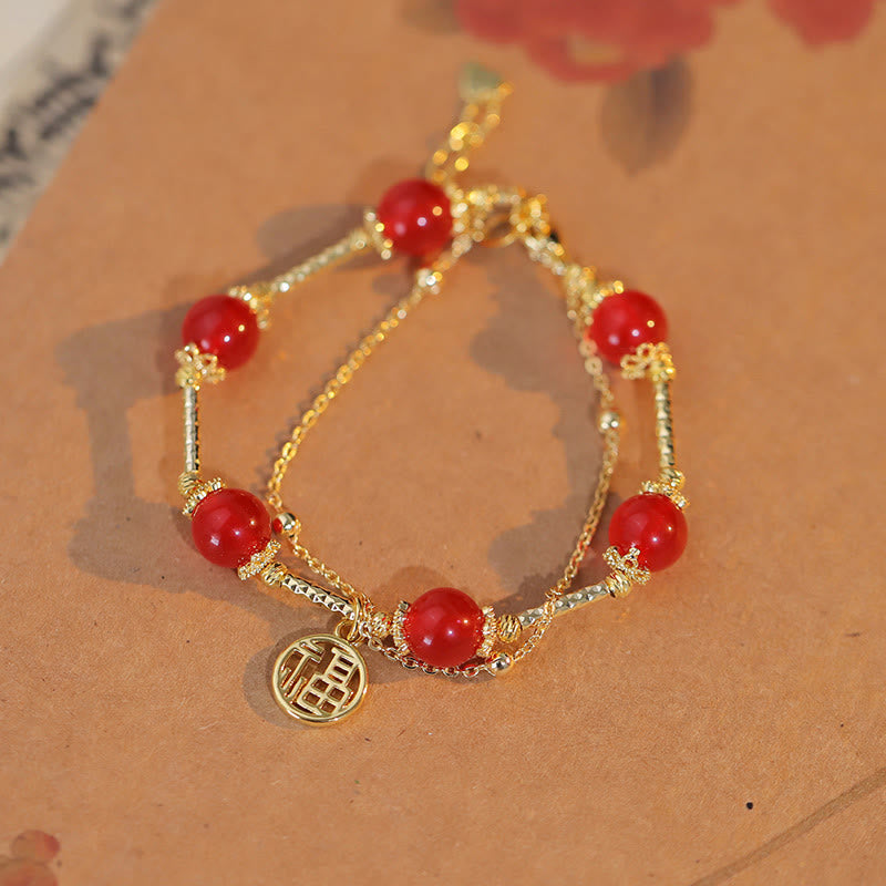 LAOTLON Red Agate Fu Character Charm Self-acceptance Bracelet
