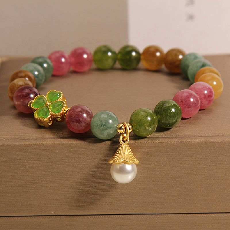 LAOTLON Colorful Tourmaline Four Leaf Clover Flower Wisdom Bracelet