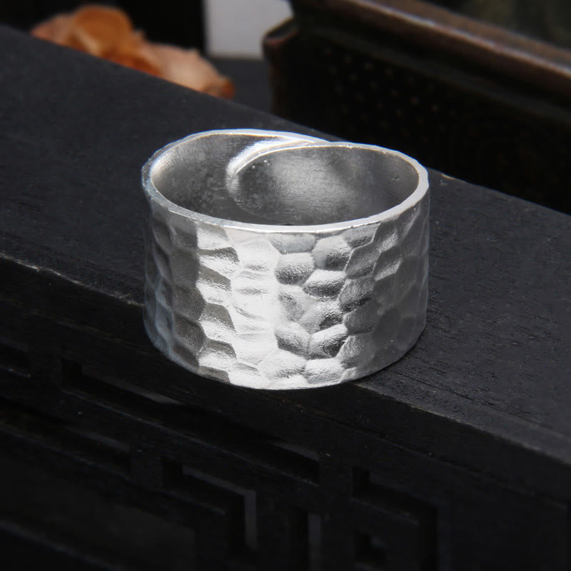LAOTLON Tibetan 990 Sterling Silver Handmade Rustic Hammered Pattern Ring