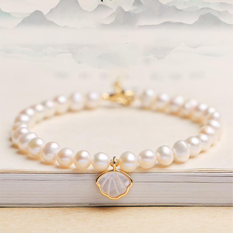 LAOTLON 14K Gold Plated Natural Pearl Crystal Shell Charm Bead Bracelet