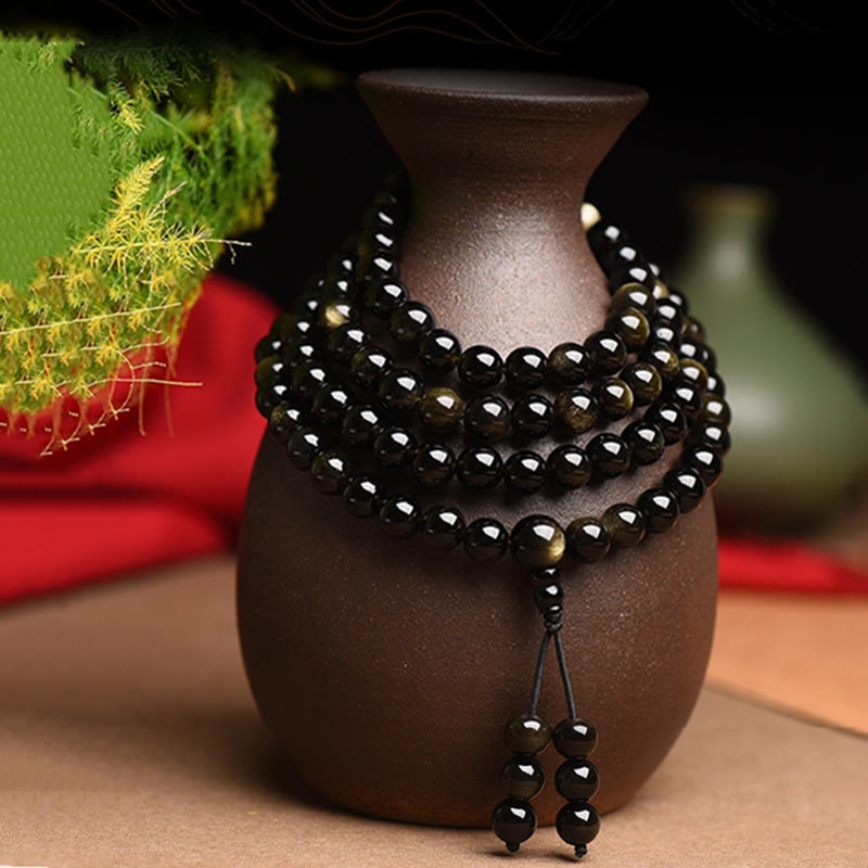 LAOTLON 108 Mala Beads Natural Gold Sheen Obsidian Wealth Bracelet