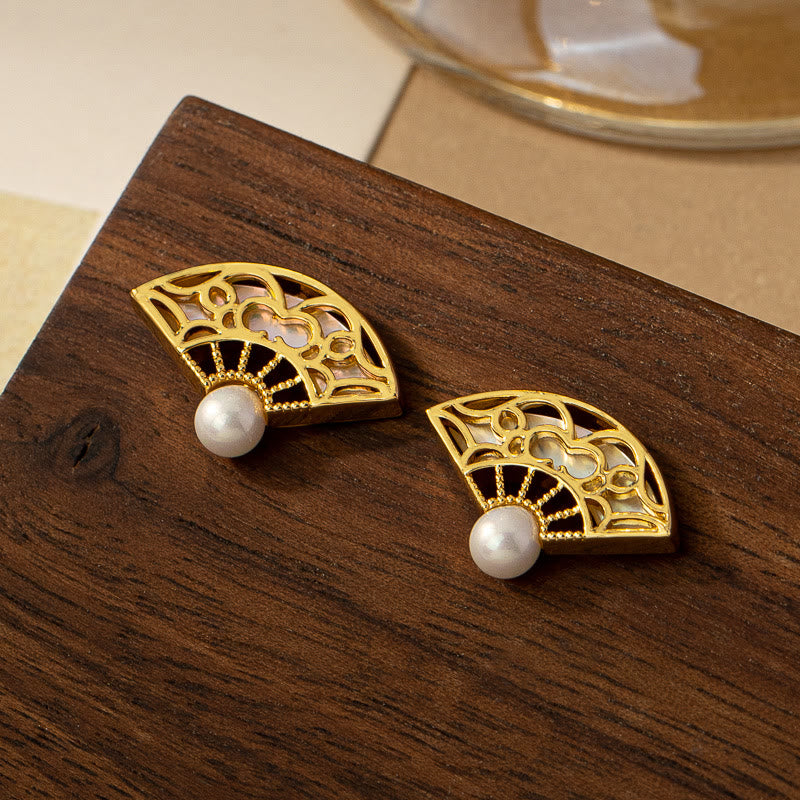 LAOTLON 925 Sterling Silver Posts Fan Pattern Pearl Copper Wisdom Stud Drop Earrings