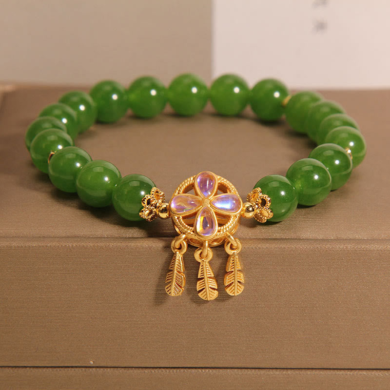 LAOTLON Green Jade Dreamcatcher Four Leaf Clover Luck Bracelet