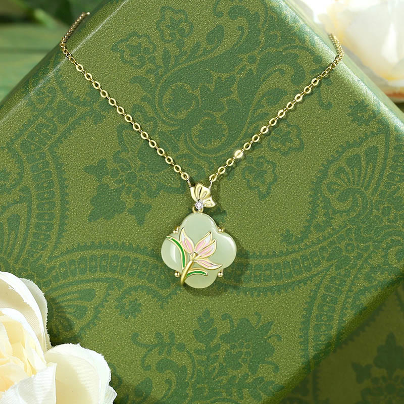 LAOTLON 925 Sterling Silver Magnolia Butterfly Hetian Jade Four Leaf Clover Blessing Earrings Necklace Pendant